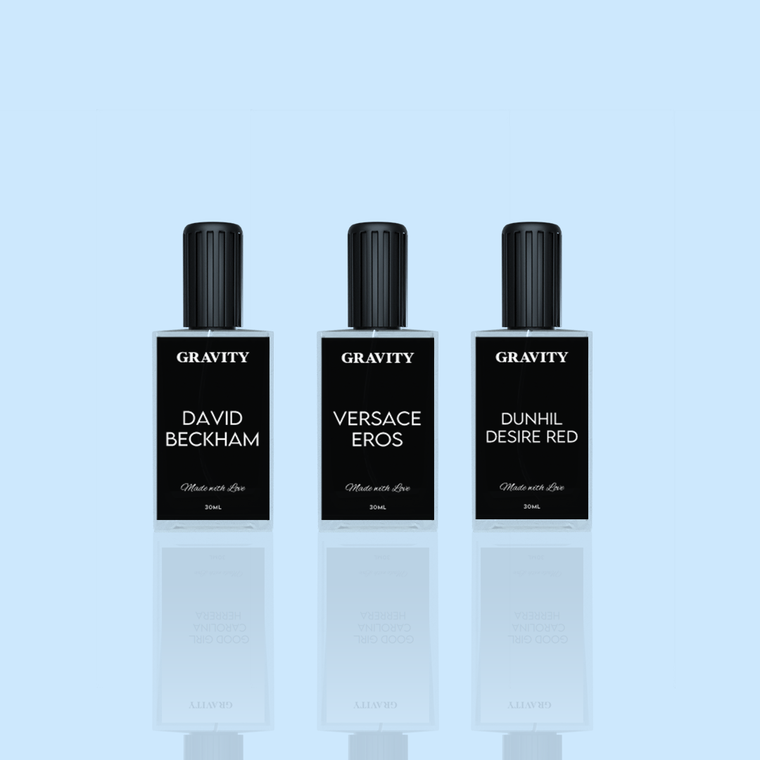 THREE MENS PERFUMES BUNDLE                               ( DAVID BECKHAM, VERSACE EROS, DHUNILL DESIRE RED )